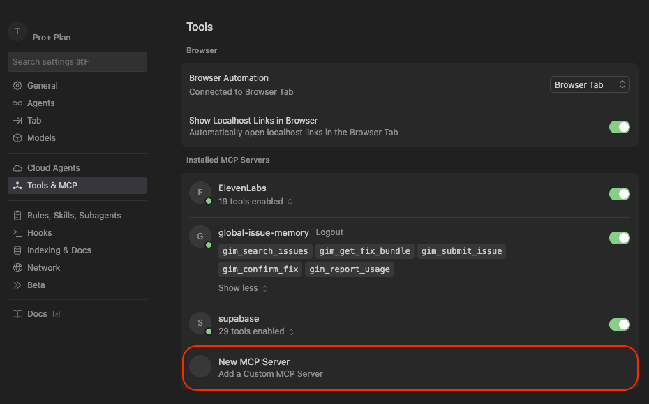 Cursor MCP Settings showing the Tools & MCP panel with installed servers and the New MCP Server button